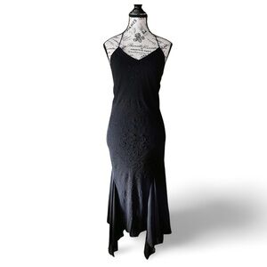 90s Black Slip Dress – Floral Beaded Maxi Evening Gown